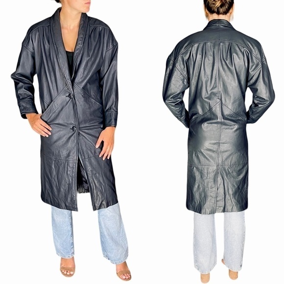 VINTAGE JACQUELINE FERRAR LEATHER NAVY BLUE OVERSIZED DROP SLEEVE 90S 80S JACKET - Picture 2 of 16